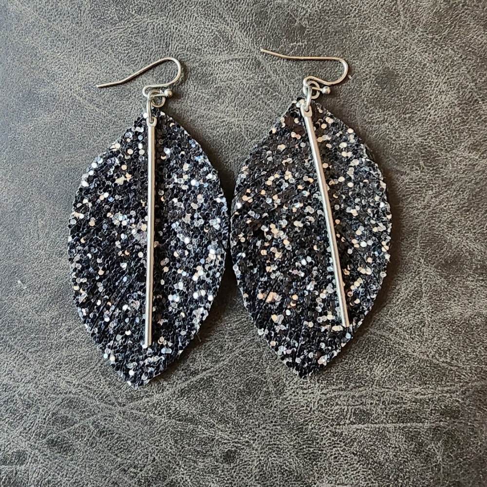 Elegant Black and Silver Leather Leaf Earrings